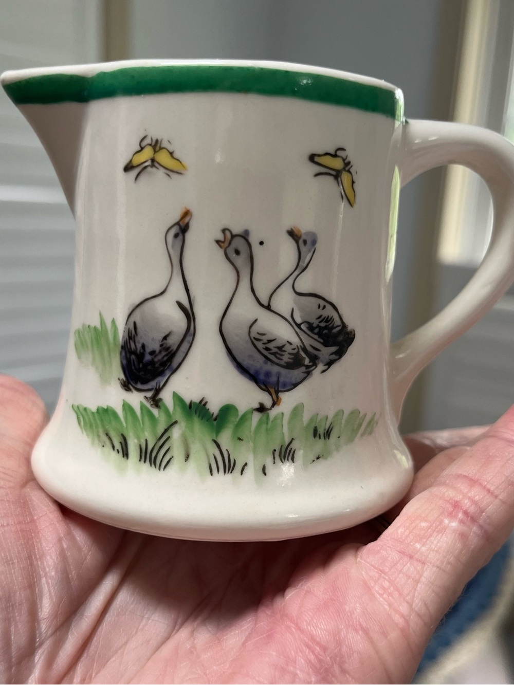 Vintage White Ceramic Creamer with Geese and Green Trim RARE